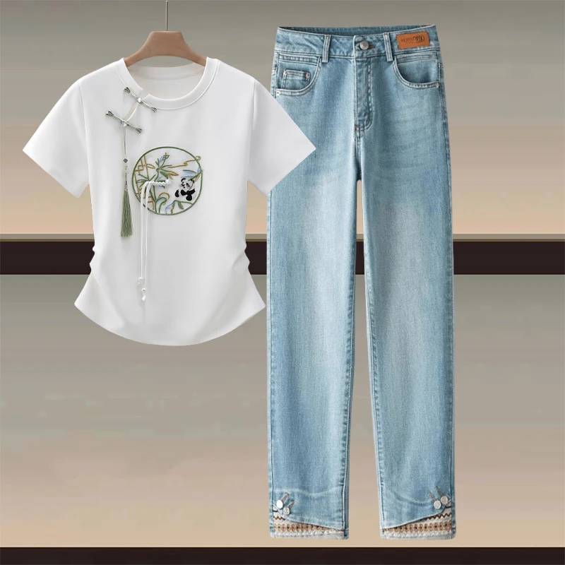 

Новый китайский топ на пуговицах с кисточками в стиле ретро и джинсы из девяти предметов, джинсовые брюки с вышивкой, комплект из двух предметов для женщин, летняя мода