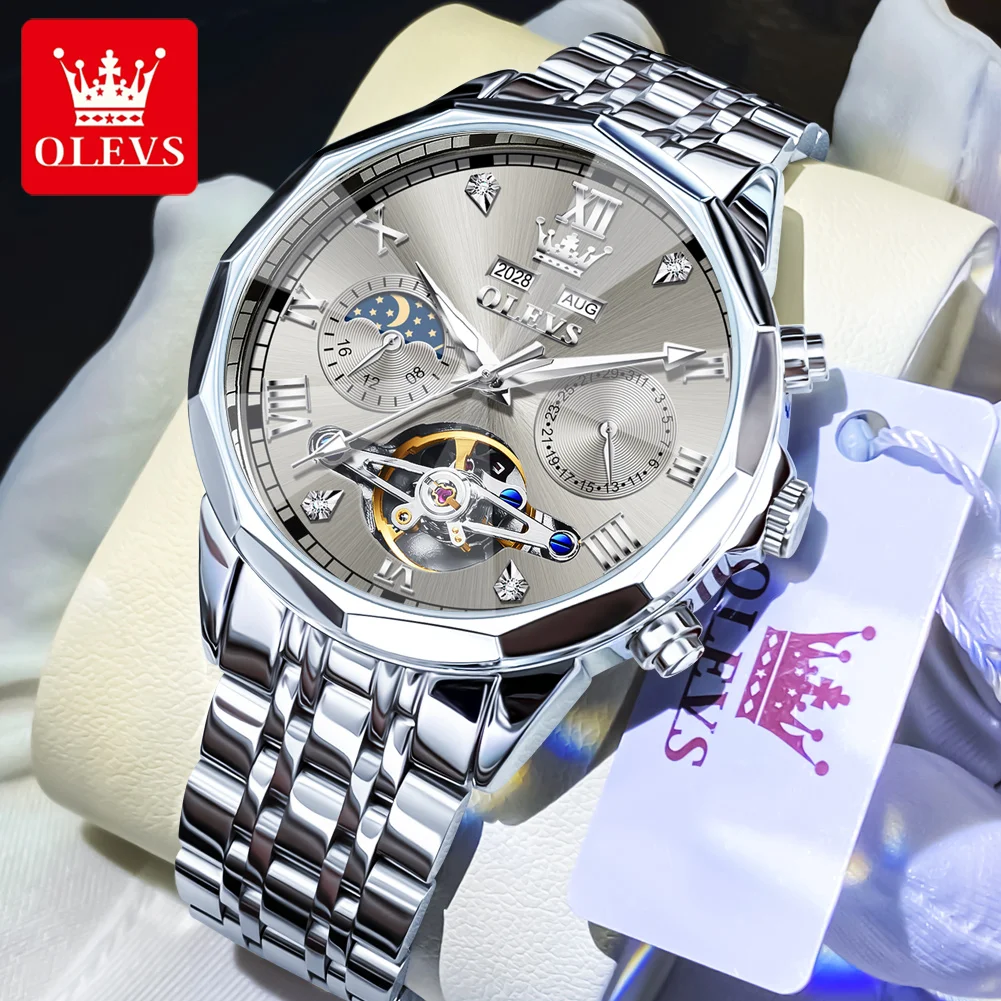 

OLEVS Роскошные механические часы с турбийоном, мужские водонепроницаемые автоматические наручные часы из нержавеющей стали для мужчин, часы с фазой Луны и датой