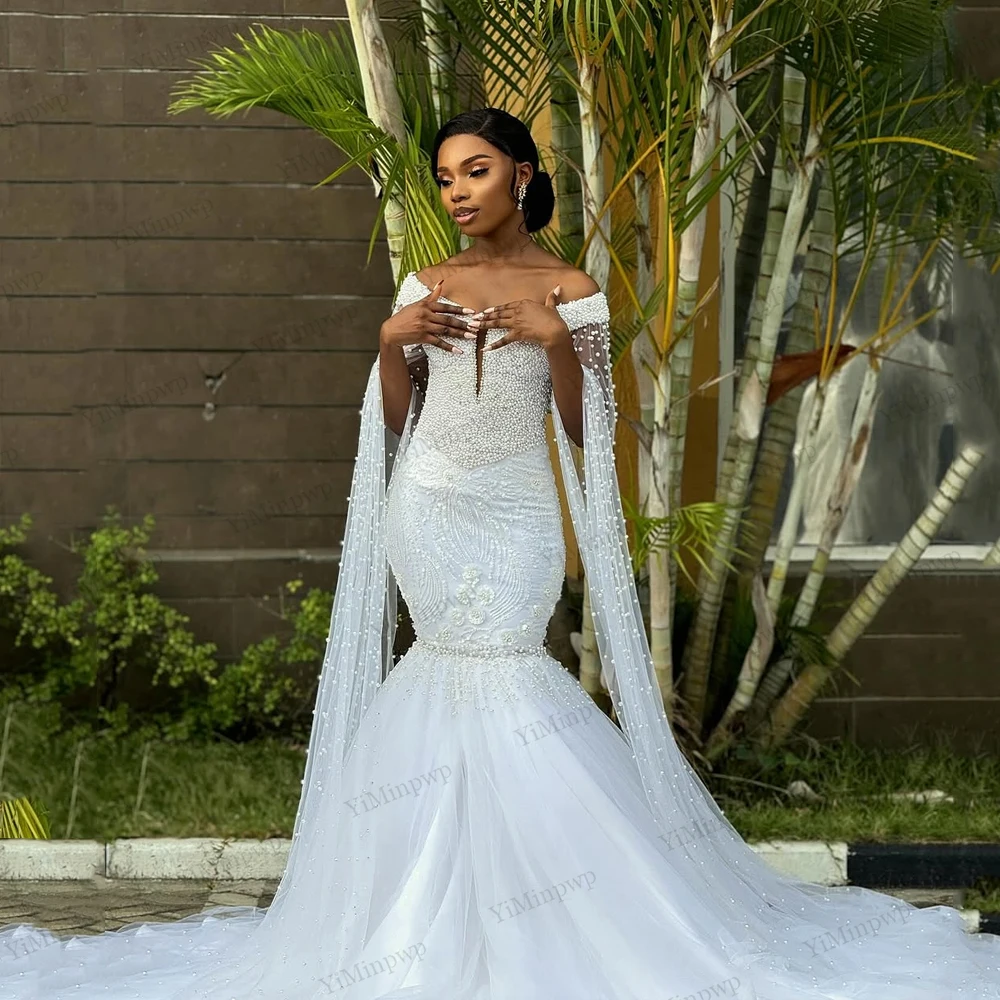 

Pearls Off Shoulder Wedding Dresses Strapless Applique Mermaid Beaded African Formal Bridal GownB Sweep Train Customized