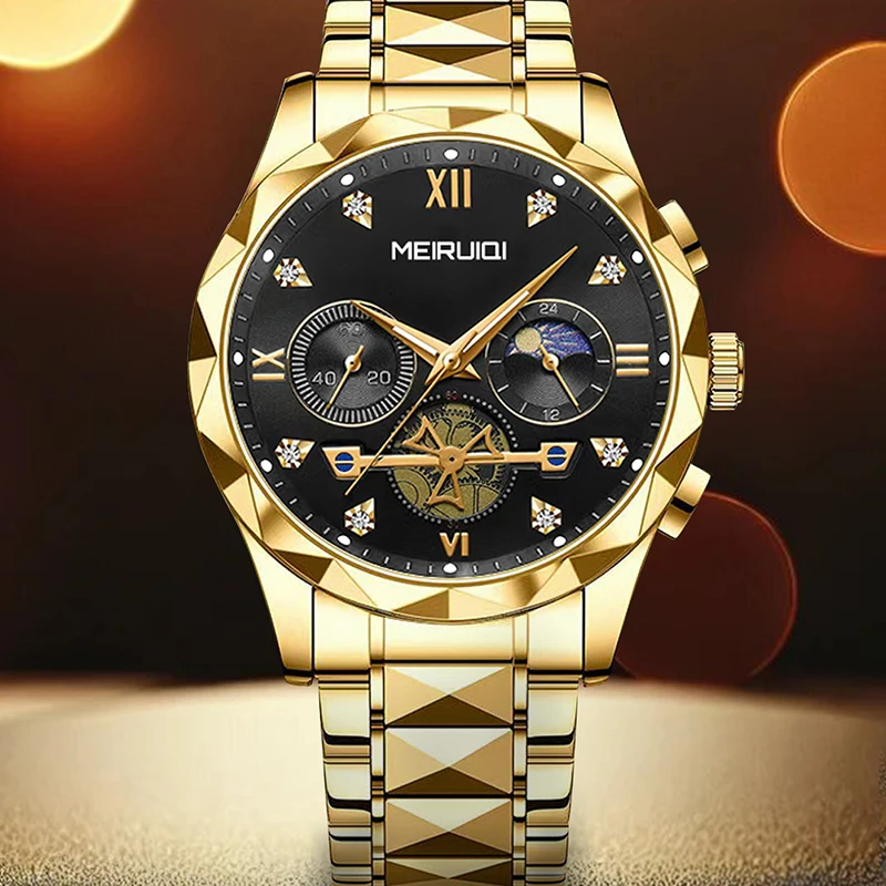 

Мужские элегантные желто-черные высококачественные кварцевые часы с многофункциональной шкалой «Солнце и Луна»