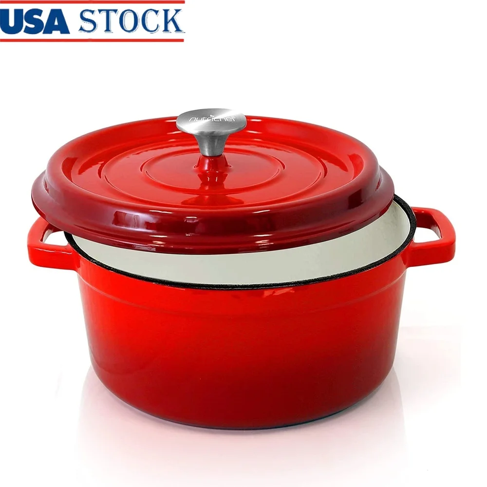 

5 Quart Enameled Cast Iron Dutch Oven Self Basting Lid Heat Safe Stain Resistant Ideal Baking Roasting Braising Simmering