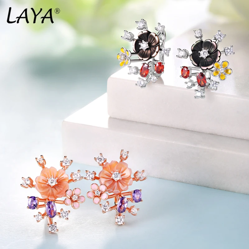 

Laya 925 Sterling Silver Fashion Natural Shell Flower High Quality Zircon Cilp Earrings For Women Wedding Jewelry 2025Trend