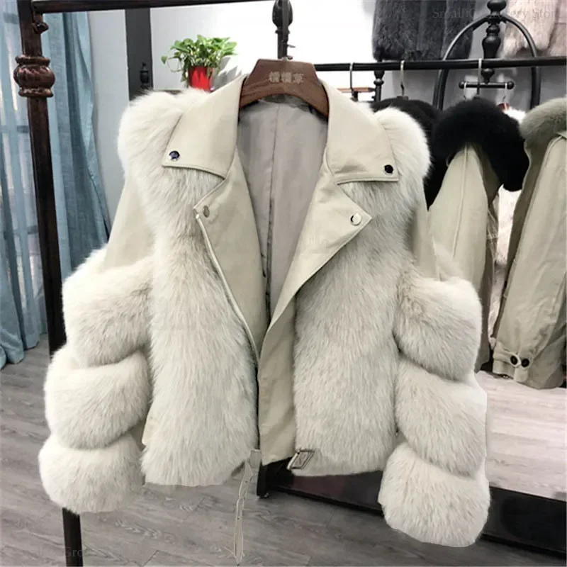 Warm Short Fox Fur Coat with Sheepskin Leather Jacket for Women Fox Fur Motorcycle Jacket Luxury Winter Moto Bike Warm Fur Coat