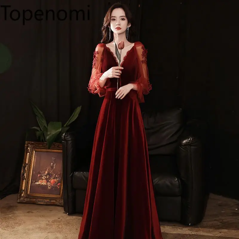 

Topenomi Red Wedding Party Dress Women 2024 New V Neck Patchwork Mesh Long Sleeve Bridal Gown Elegant Engagement Evening Dresses