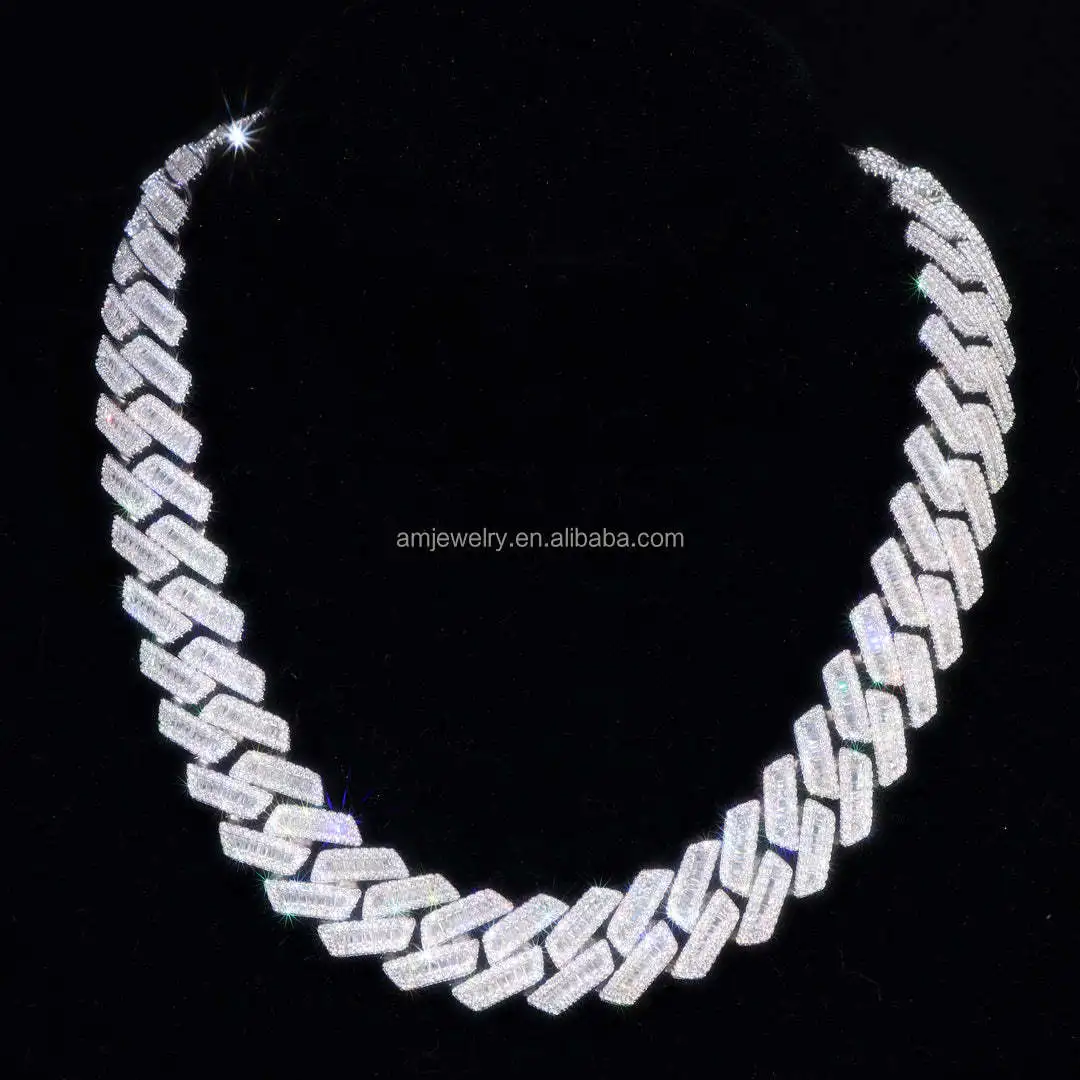 18mm VVS Moissanite Cuban Link Chain Necklace Custom Iced Baguette Straight Line Cuban Chain Hip Hop 925 Silver Jewelry