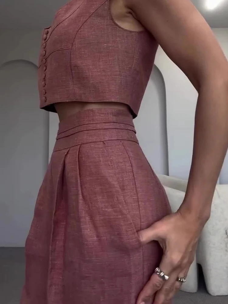 

Elegant Lady Button High Waist 2PC Casual Sleeveless Crop Tops And Wide Leg Pants Sets Vintage Solid Color Slim Commute Outfits