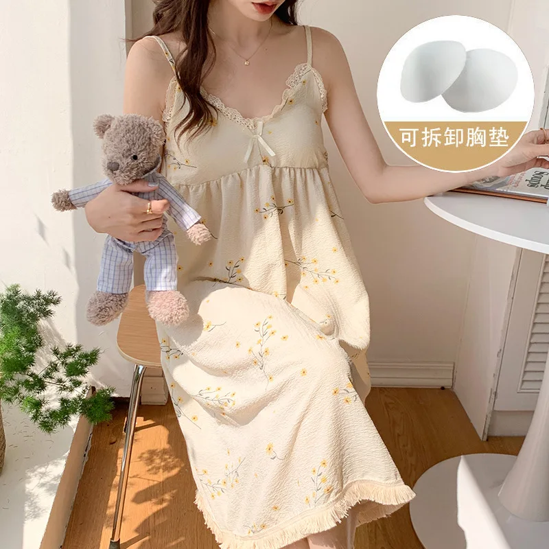 Summer Woman Camisole Nightdress Lady Lace Trim Cartoon Loose Dress Girls Homewear Student Casual Dress Outside Women Loungewear