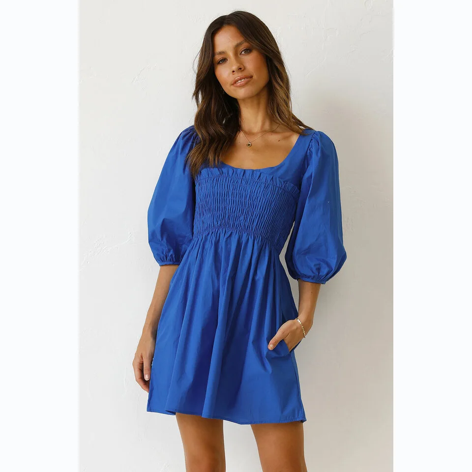 Sweet ort Waist-Cinching U-Ne Pure Color Dr Summer Thi Knitted Cotton Basic Sle mid Waist for Women