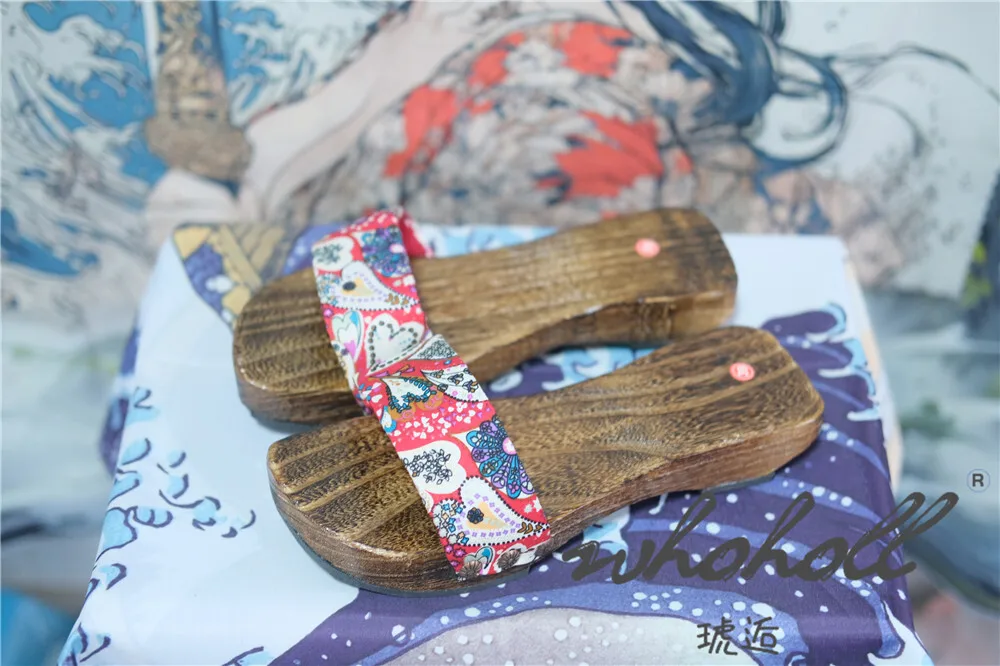 Japanische Holzclogs Damen Flip Flops Cosplay Hausschuhe Flacher Boden Sommer Kimono Sandalen Print Slipper – Detail 12