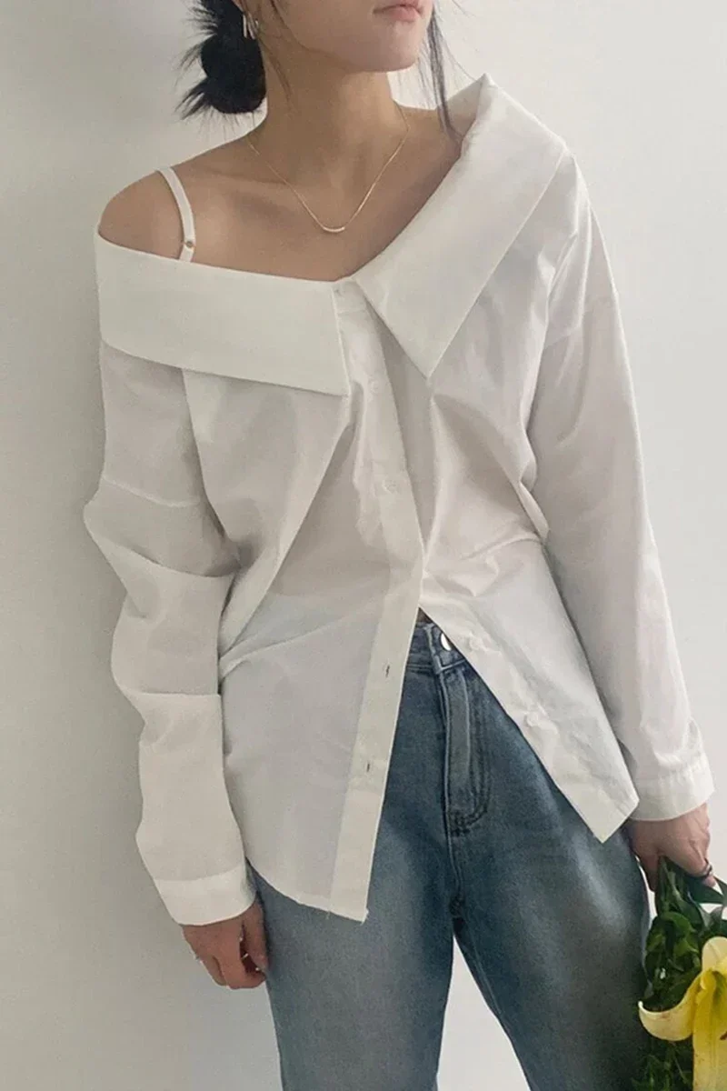 Neploe Korean Style One Line Neck Off Shoulder Design Shirt 2024 Summer Women Loose Casual Versatile Solid Color Long Sleeve Top