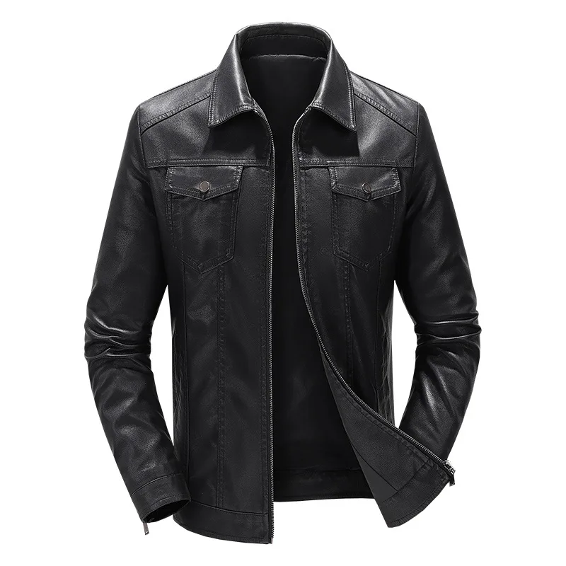 Men's Casual Leather Jacket Spring Autumn Slim Fit Turn Down Collar Motorcycles Leather Coat Men PU Zipper Moto Biker Outwear