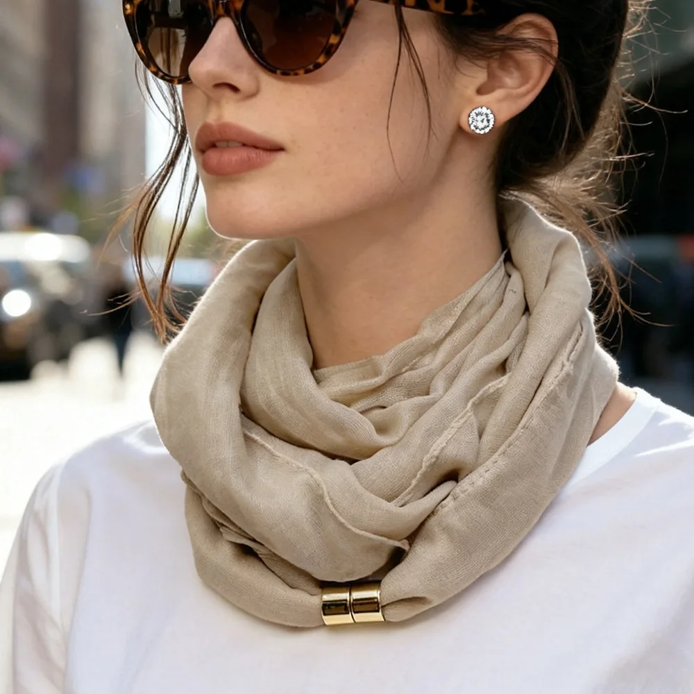 Lightweight Bali Yarn Neck Scarf Women Solid Tone With Magnetic Snap Buckle Easy To Wear Voile Neck Wrap Minimalist Fashion