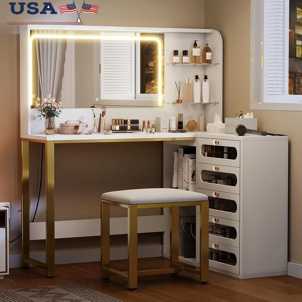 โต๊ะเครื่องแป้งแต่งหน้ารูปตัว L พร้อมกระจกและไฟ 3 โหมดแสงสว่าง 5 ลิ้นชักและสตูลเบาะโต๊ะเครื่องแป้งขนาดใหญ่