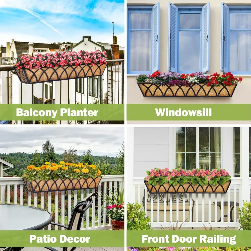 4 Pcs Railing Planters with Coco Liner, Large Metal Window Deck Railing Planter