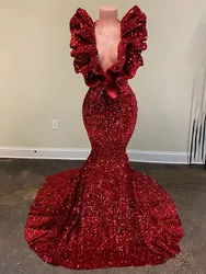 Burgundy Sequin Mermaid Evening Dresses 2023 Ruffles V Neck Sleeveless Formal Prom Gown Africa Black Girls For Wedding Plus Size