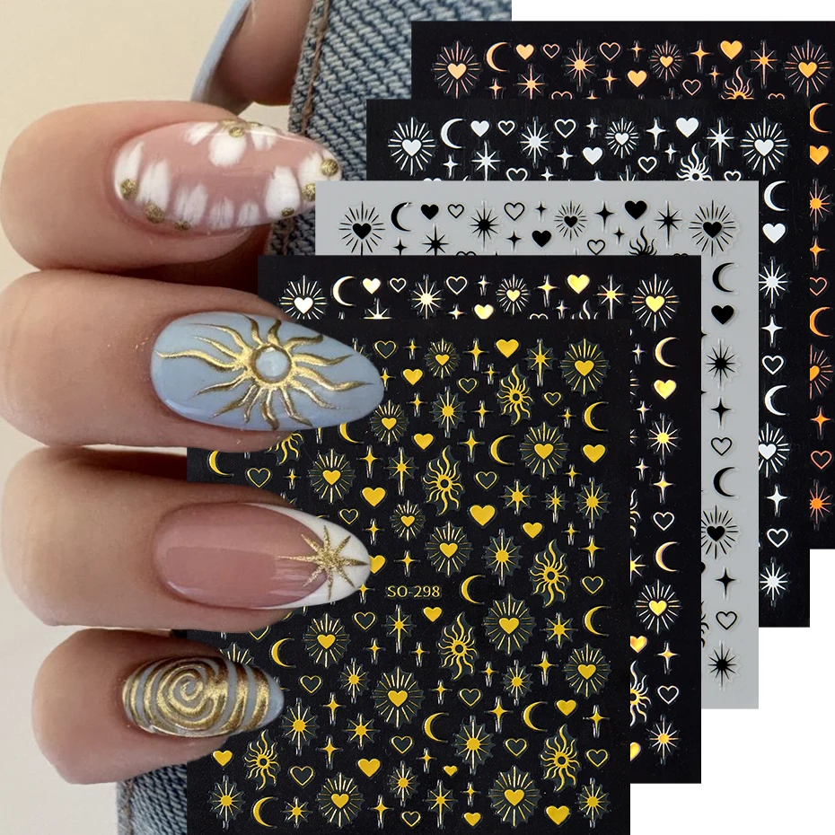 Nagelaufkleber-Set mit böhmischem Thema, Stern, Mond, Muster, herzförmige Nagelaufkleber, böhmische Design-Aufkleber, Maniküre-Dekoration