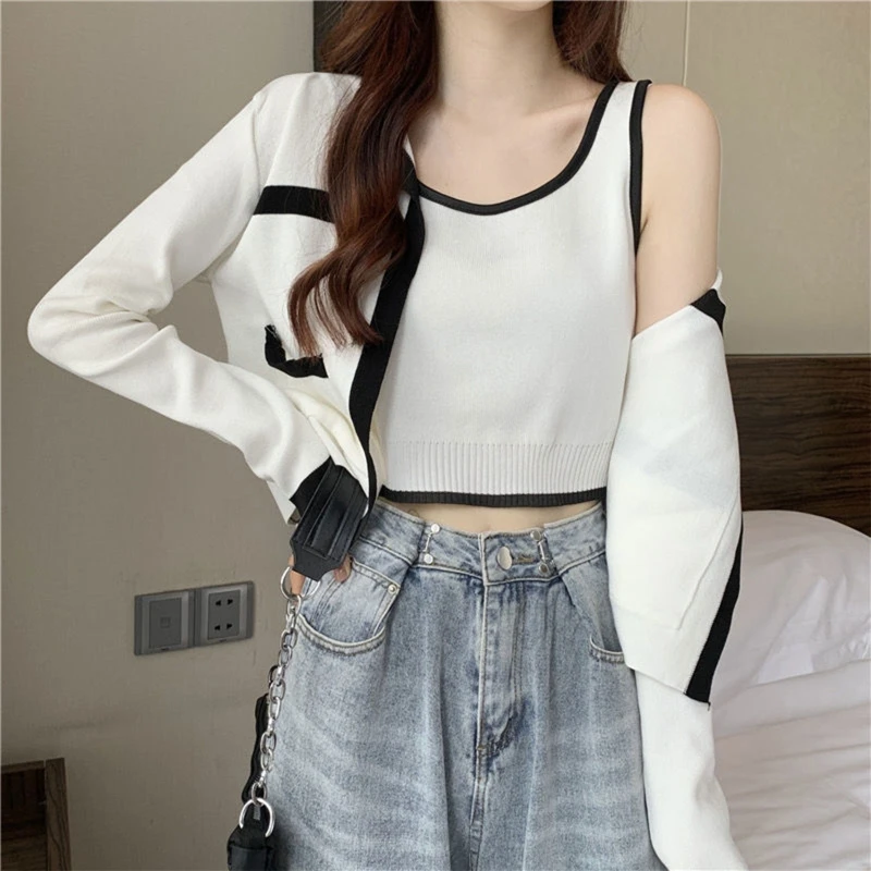 

Women 2Pcs Knit Colorblock Outfit Long Sleeve Crop Cardigan and Cami for Tank Ve P8DB