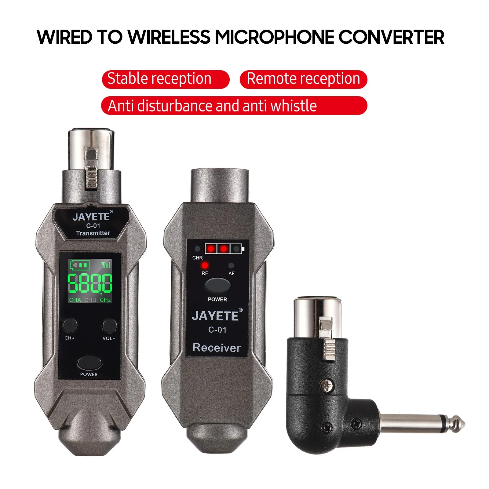 UHF Professional Wired to Wireless Microphone Converter Micphone Transmitter & Receiver Receiving Transmission for Dynamic Mic