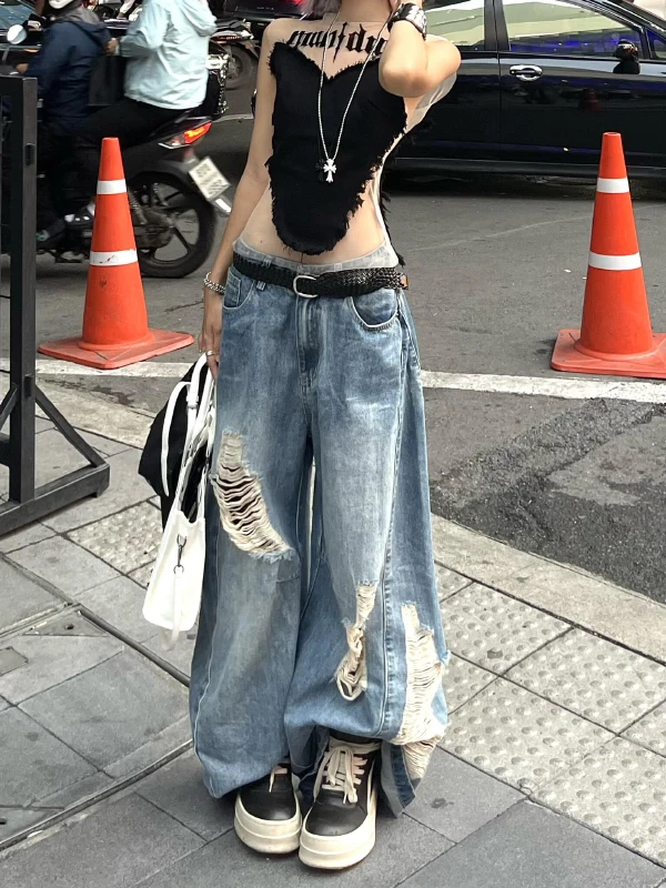 

Американские винтажные джинсы из выстиранного денима для женщин: новая коллекция весна-лето, уличный стиль, сексуальные свободные широкие брюки, повседневные однотонные