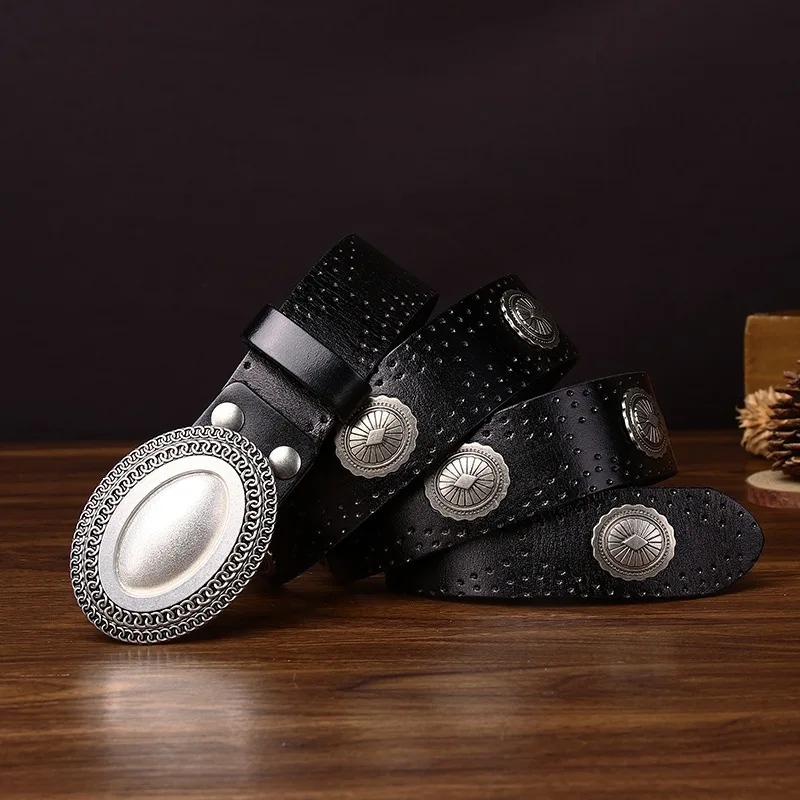 Men's Retro Personalized Trendy Genuine Leather Cowhide Western Style Buckle Belt Man Punk Rivet Smooth Sliver Color Buckle Belt