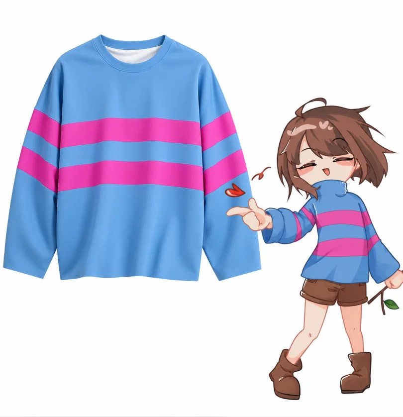 Undertale Unisex Blue Pink Striped Long Sleeve Shirt Crew Neck Loose Casual Basic Top Game Cosplay Streetwear for Men Women