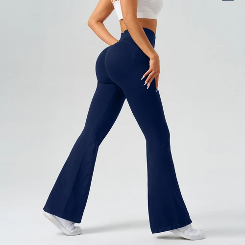 Imagen 2 del producto Pantalones de Yoga acampanados para mujer, mallas con parte inferior acampanada de cintura alta, pantalones sin costuras con bolsillos, pantalones de pierna ancha Retro para gimnasio, Fitness, Athleisure
