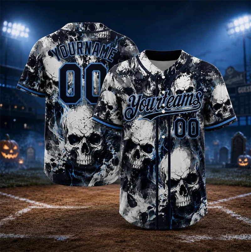 Customizable Horror Skeleton Streetwear Baseball Jersey Men Personalized 3D All‑Over‑Print Unisex Hip Hop Button Baseball Tops