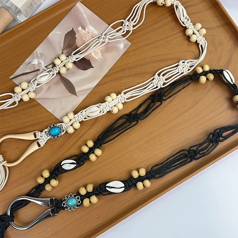 حزام منسوج يدويًا على الطراز العرقي العتيق للنساء، سلسلة خصر مزخرفة، حزام بوهيمي Y2K متعدد الاستخدامات