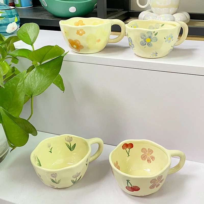 300ml 10oz ins Hand-pinch Special-shaped Ceramic Coffee Mug Creative Mug with Flower Prints Juice Milk Water Drinking Cup 1 Pc