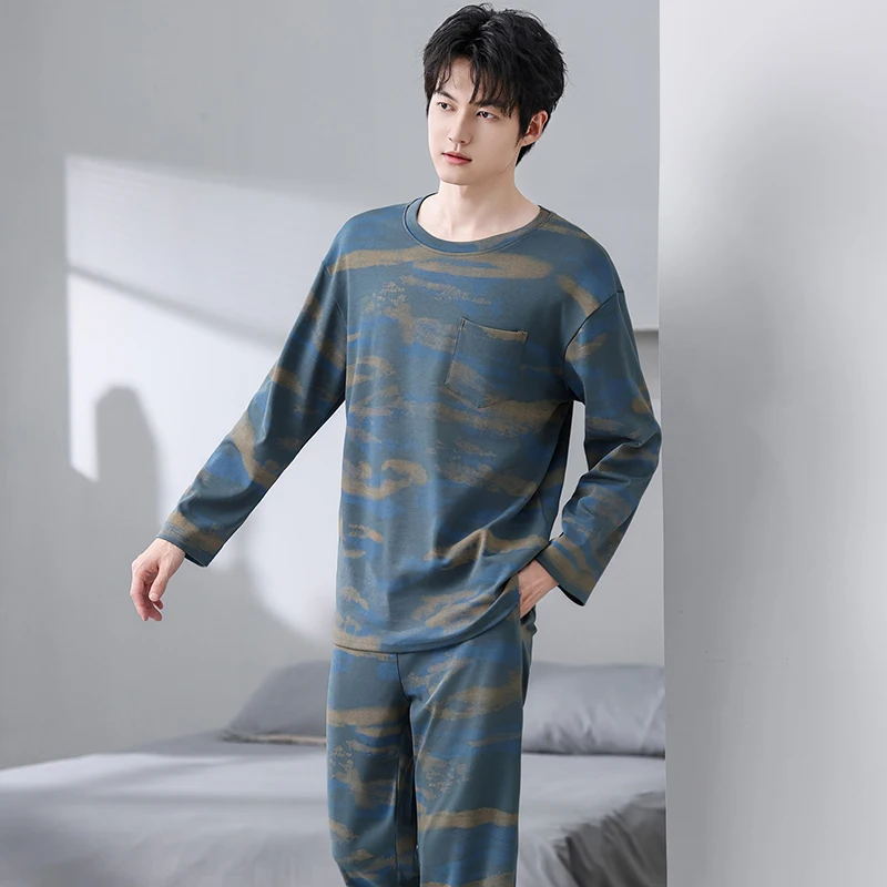 Men Full Pure Cotton Pijamas Fashion Print Pajama Sets Sleepwear Long Sleeve Tops+Long Pants Pajamas Home Clothing Pyjamas Male