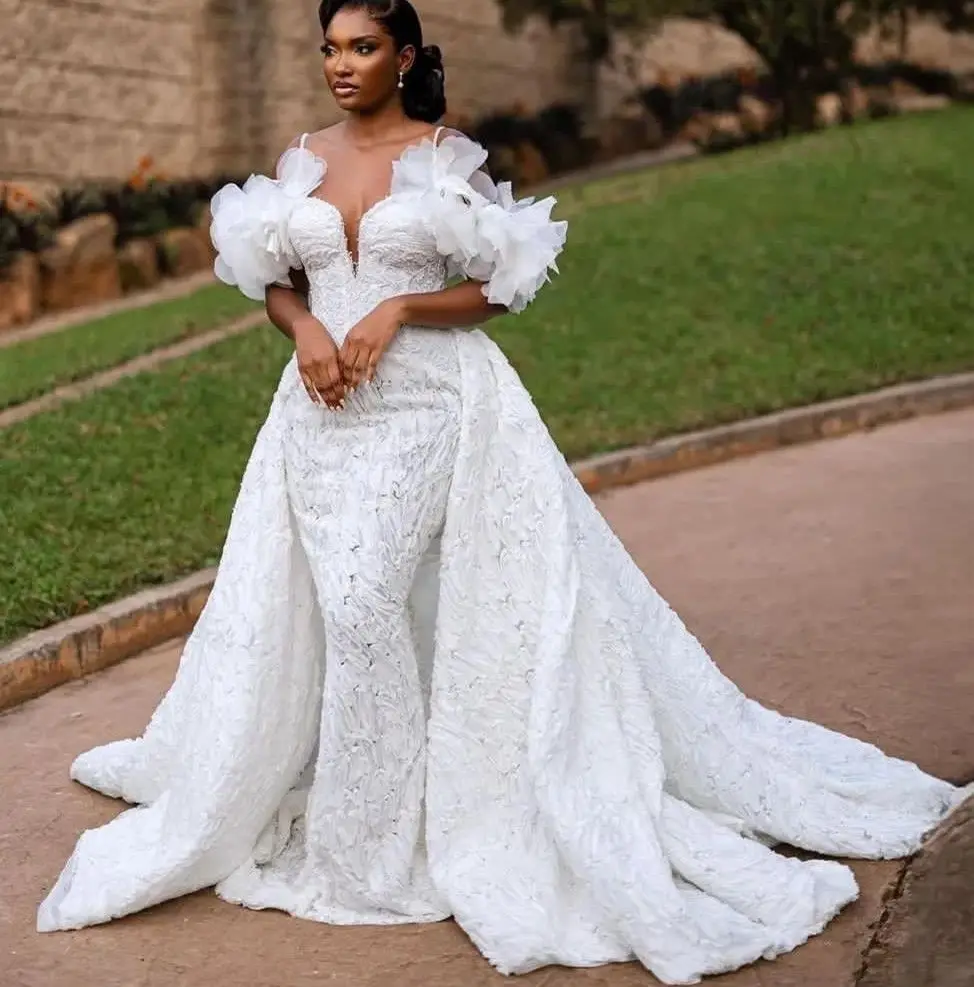 

Индивидуальное арабское Aso Ebi размера плюс, белая русалка, роскошное свадебное платье, кружевное свадебное платье с бисером, платья