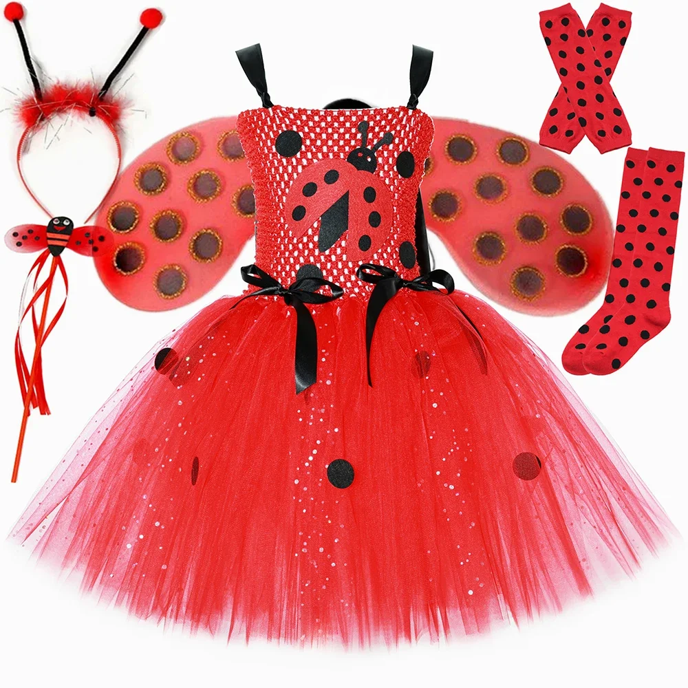 

Girls Ladybird Tutu Dress Glitter Dots Insect Red Ladybug Costume for Girls Fancy Halloween Carnival Party Dress Up Clothes