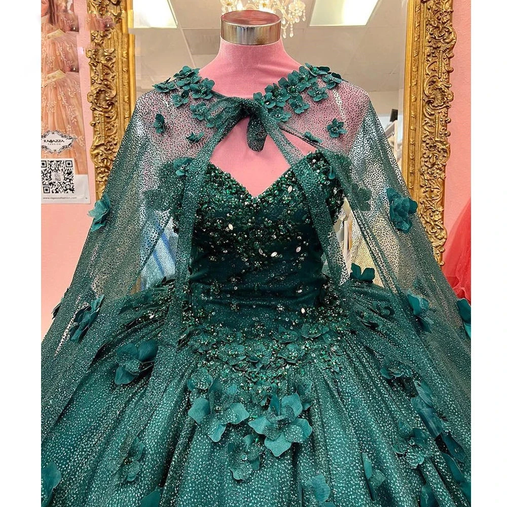 ANGELSBRIDEP Emerald Green Shiny Quinceanera Dress 2024 With Cape Ball Gown Sleeveless 3D Flowers Corset Vestido De 15 Anos