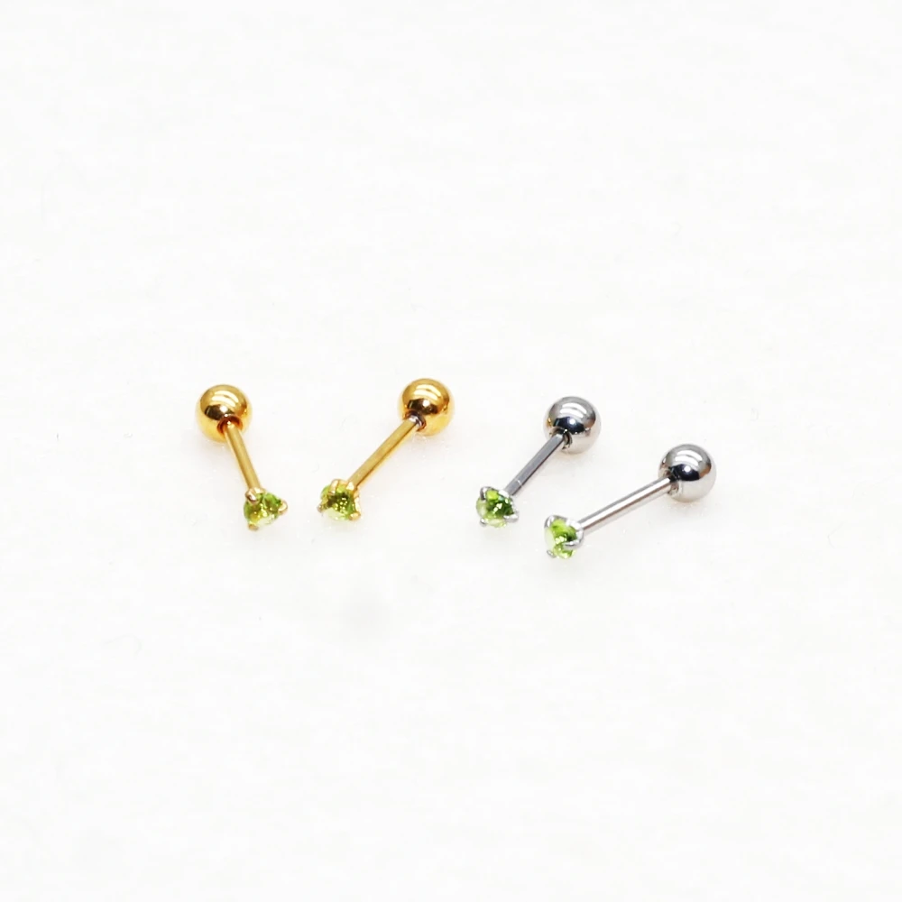

20G Olive Green 2MM Zircons Stainless Steel Screw-Back Stud Earrings No Fade Allergy Free Brief Jewelry