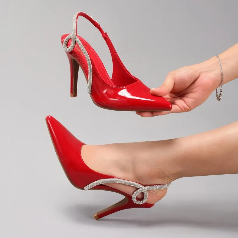 Sexy Patent Leather Pointed Toe Heeled Sandals Woman Luxury Rhinestone Back Strap Design White Wedding Heels Sandalias De Mujer