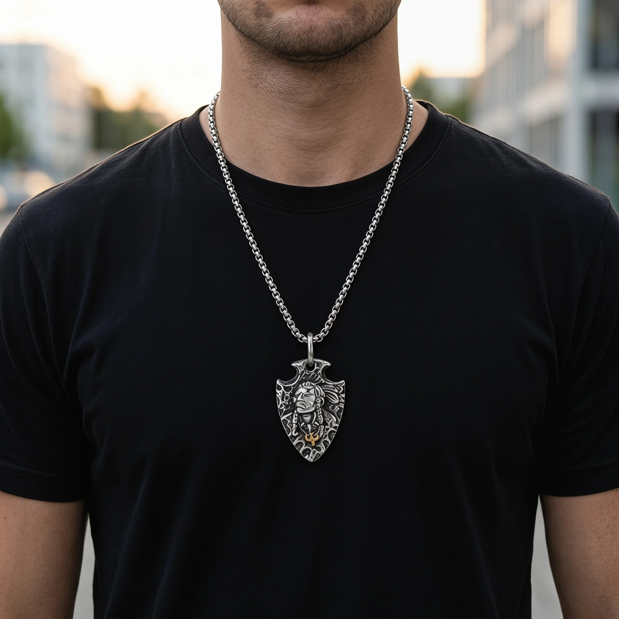 

Stainless Steel Silvery Golden Chief Arrowhead Pendant Box Chain Necklace Men Western Jewelry