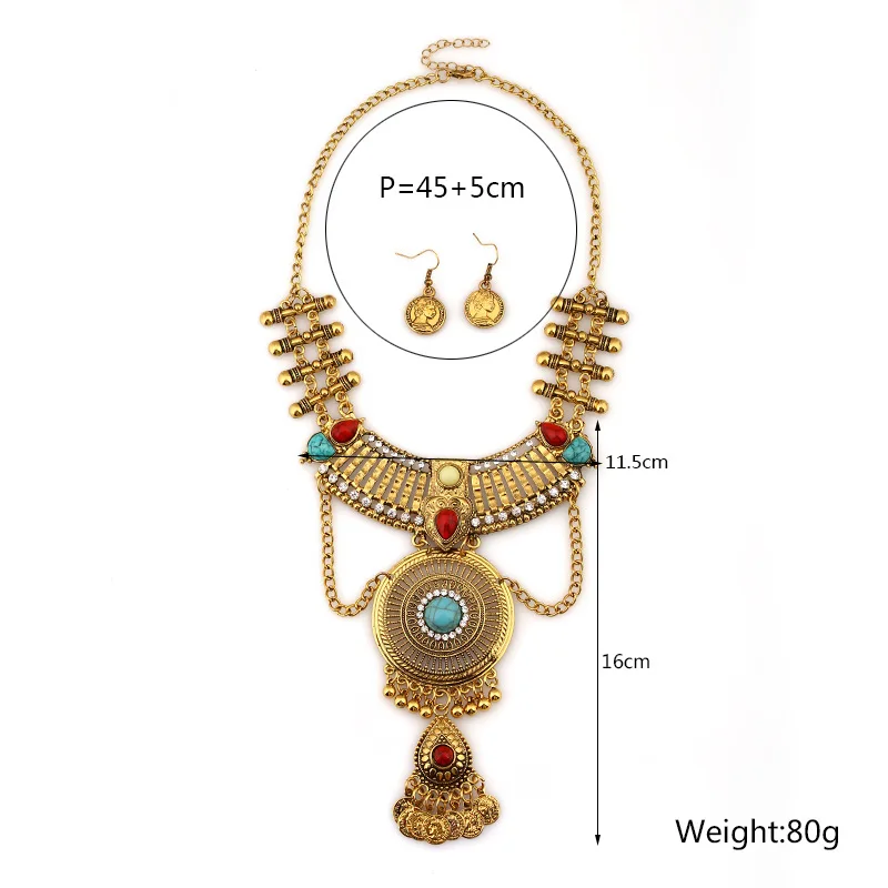 Boho Retro Golden Necklace Earrings Set For Women Luxury Turquoises Long Pendant Earrings Set Indian Bollywood 2023 Jewelry