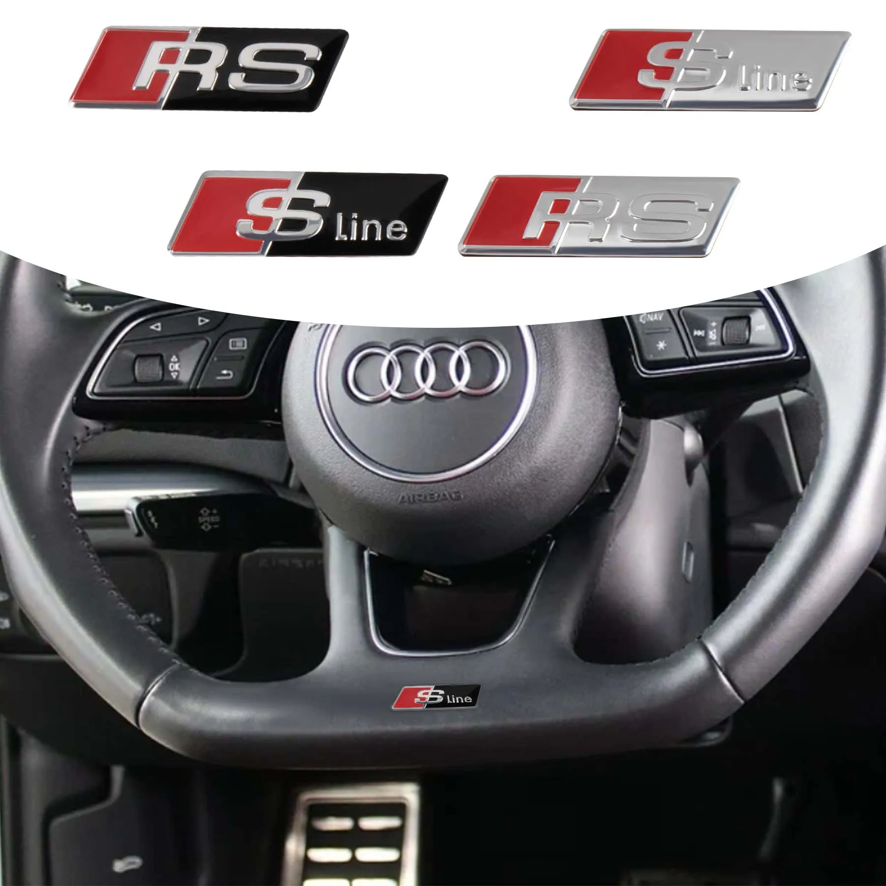 5Pcs Car Aluminium Alloy Steering Wheel Sticker Emblem Auto Interior Accessories For Audi Sline RS A3 A4 A5 A6 A7 A8 Q3 Q5 S3 S5