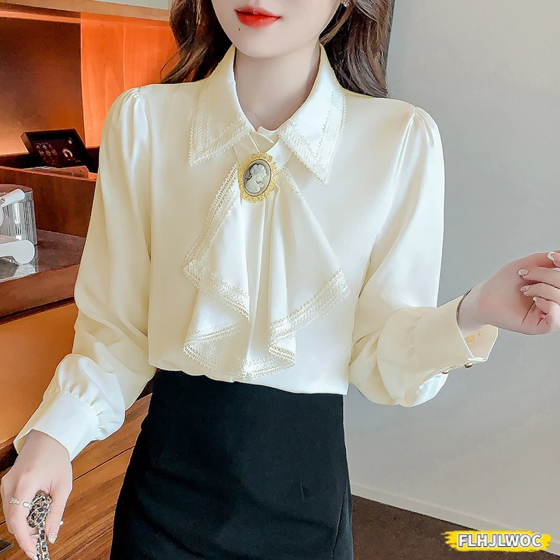 Bow Tie Tops Blouses New 2024 Women Long Sleeve Elegant Office Lady Work Solid White Shirts Ruffled Chic Tops Blusas