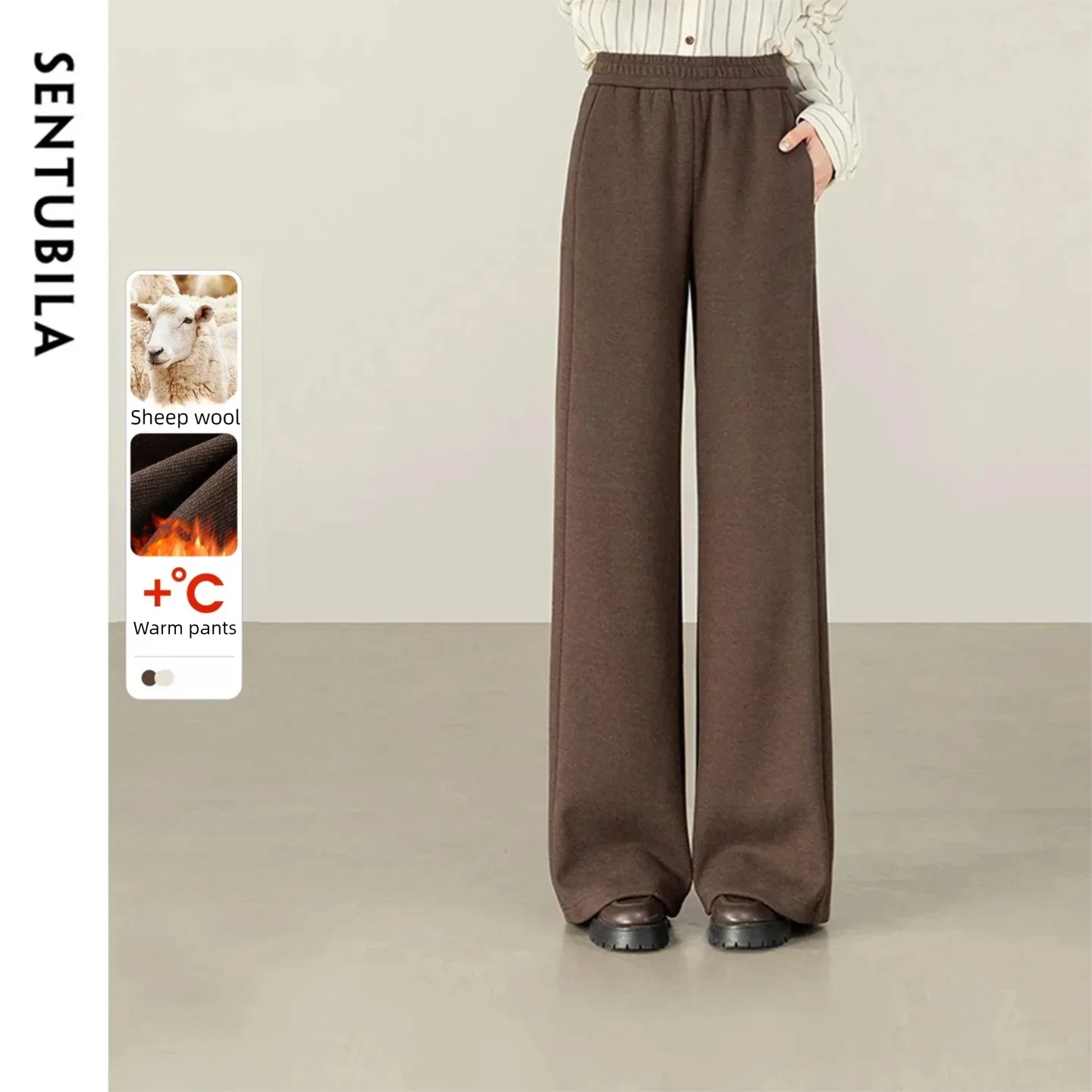SENTUBILA Women Winter Warm Wide Leg Pants Acetate Wool Casual Trousers Elastic Waist Loose Fit with Real Side Pockets 154K87935