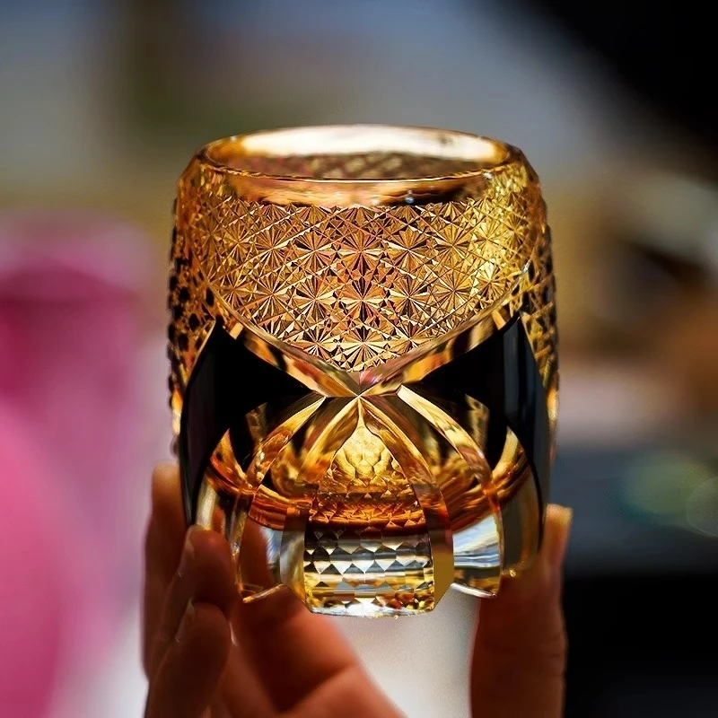 

Japanese Black Warrior Crystal Glass Armor Edo Kiriko Whiskey Wine Glasses Hand Engraved Amber Whisky Cup Brandy Rock Snifter