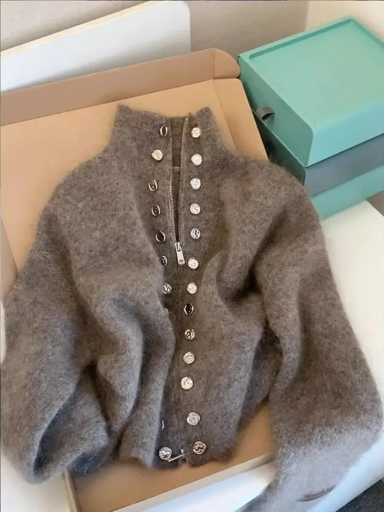 Sweater Coat Women Autumn High-end Lazy Zipper  Knit Top Luxury Fluffy Knitted Cardigan Sweater Design Double Breasted