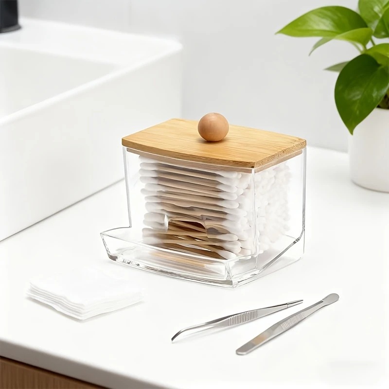 1/2Pc Cotton Swab Dispenser with Bamboo Lids Transparent Square Plastic Storage Box Bamboo Cover Cotton Buds Toothpick Organizer