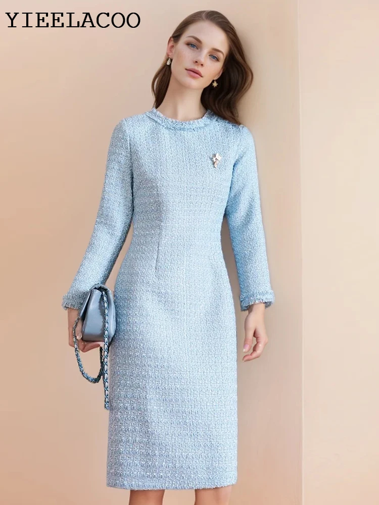 Blue Tweed Dress 2024 spring / autumn women\'s dress  tassel  slim  one-piece  Ladies Classic bottoming dress