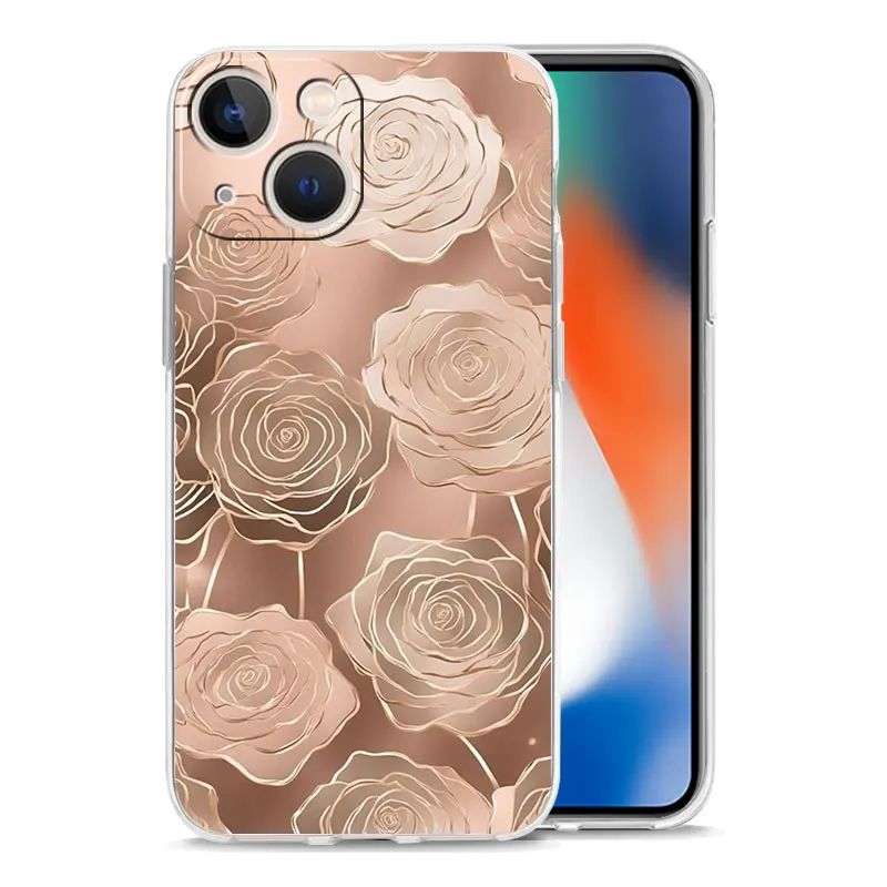 Phone Case For iPhone 16 15 14 13 12 11 Pro Max XS X XR 7 8 Plus soft Shockproof TPU Clear Cover Beautiful Rose gold art