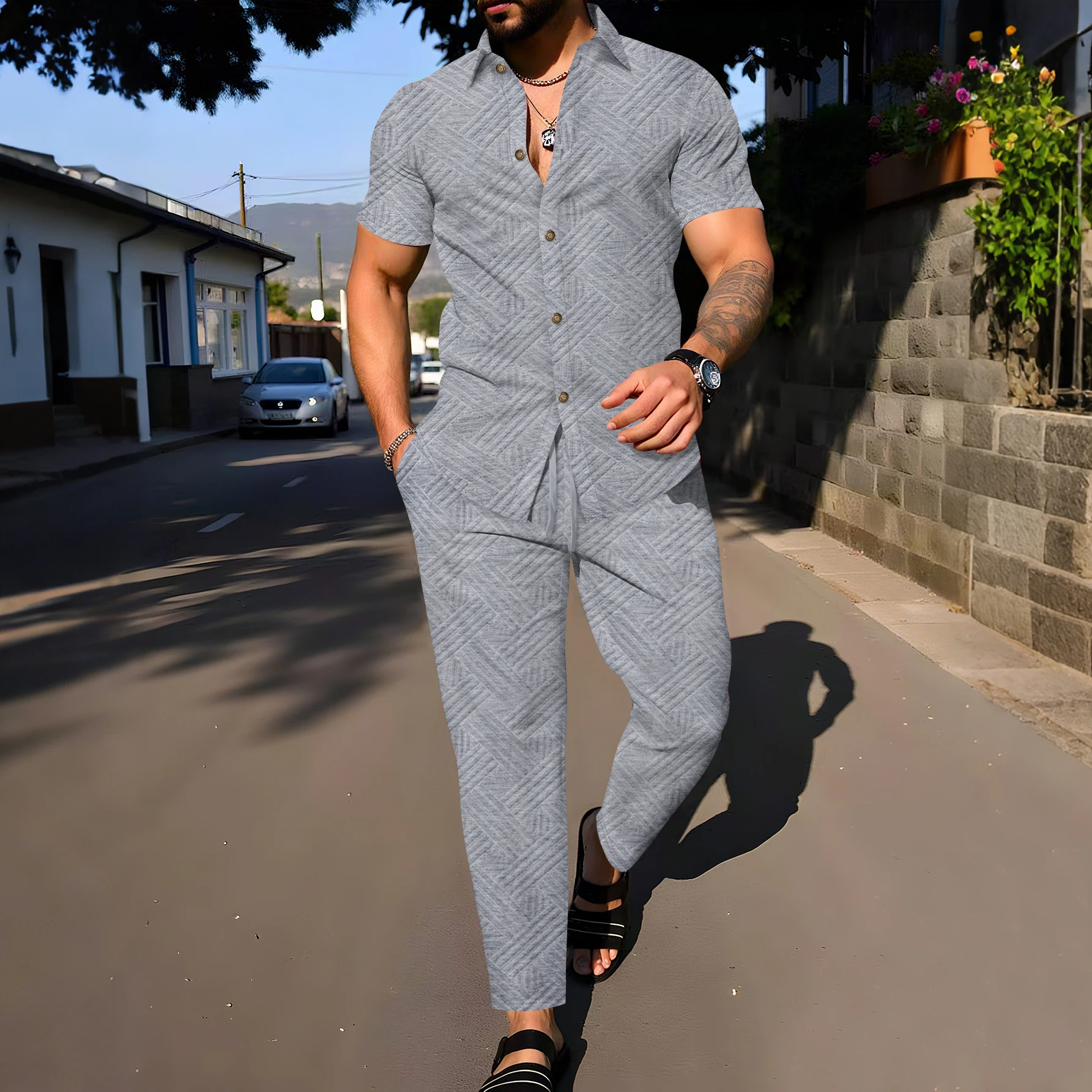 Picture 3: 2026 Men's Summer Geometric Textured 2 Piece Set Button Down Short Sleeve Shirt & Drawstring Pants