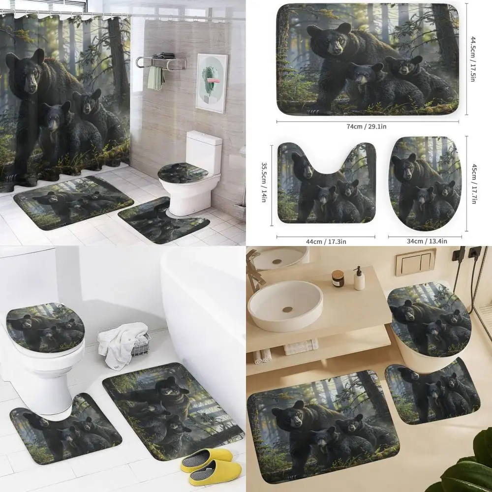 

Набор занавесок для душа «Черный медведь, зеленое дерево», 4 предмета, с крышкой для унитаза и U-образным ковриком