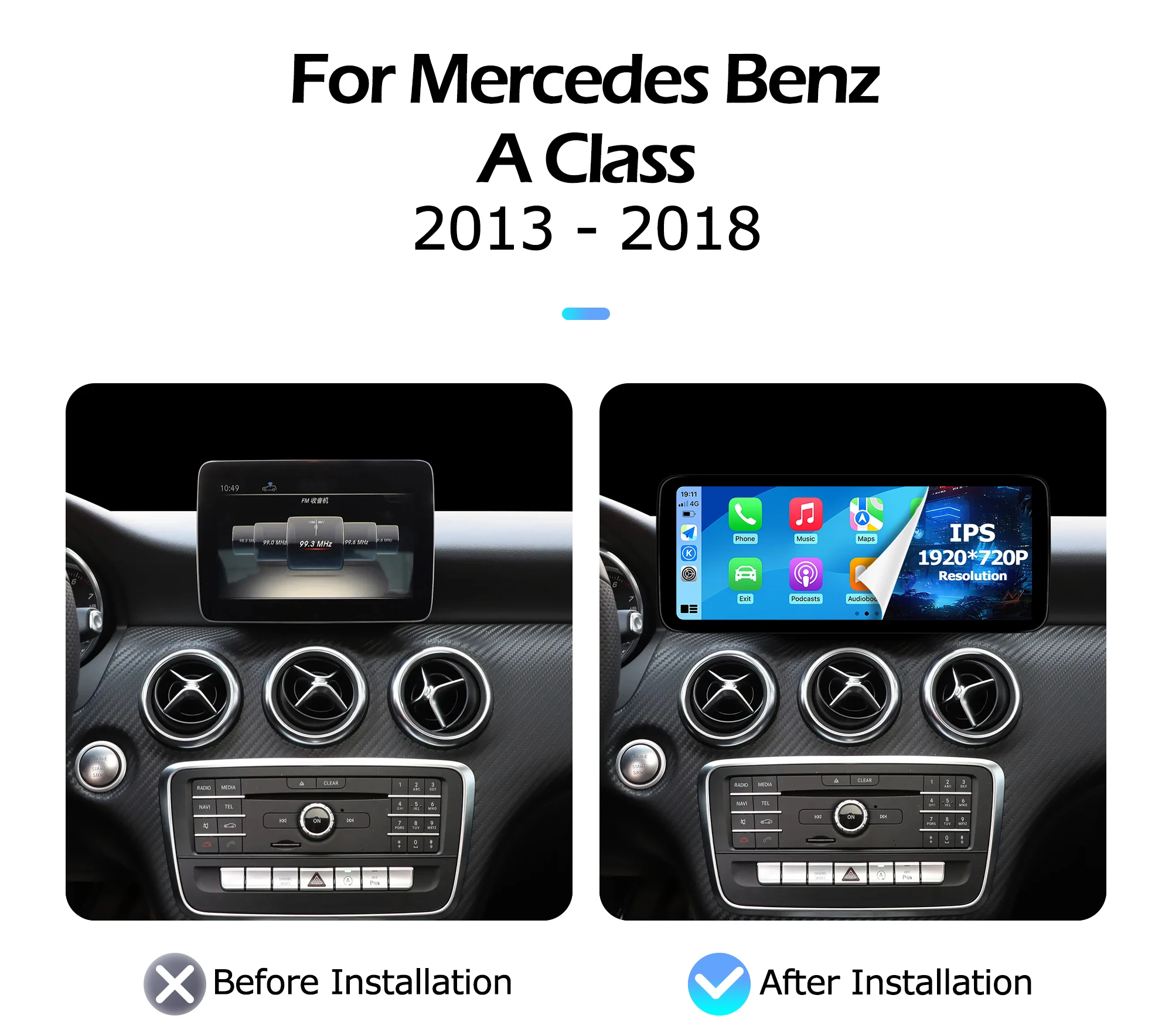 Bluetooth Android 15 12.3 inch For Mercedes Benz A Class 2013-2018 Lntelligent Multimedia Player GPS Carplay BT WIFI 1920*720P