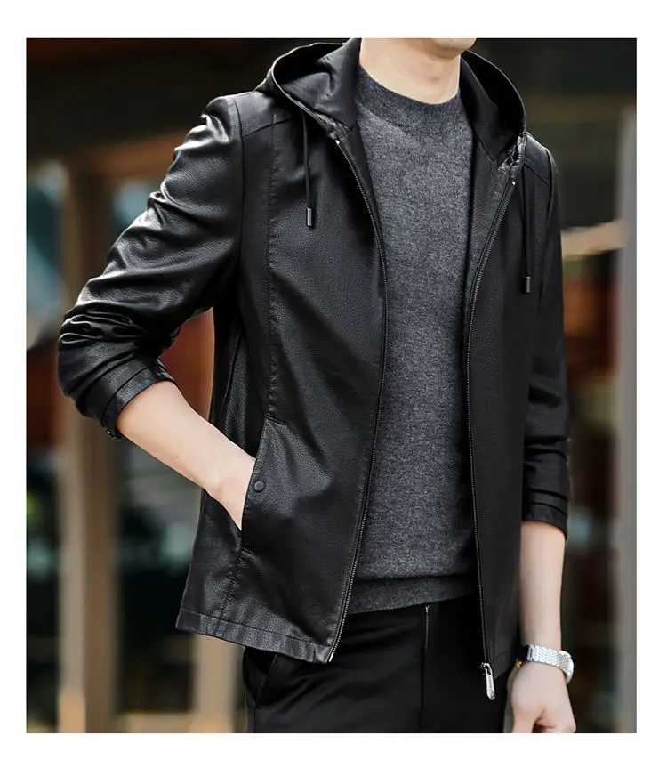 

Hot Fashion Cool Bomber Jackets Men Autumn Winter Hooded Loose Fit Motorcycle Leather Coat Outwear Streetwear T696