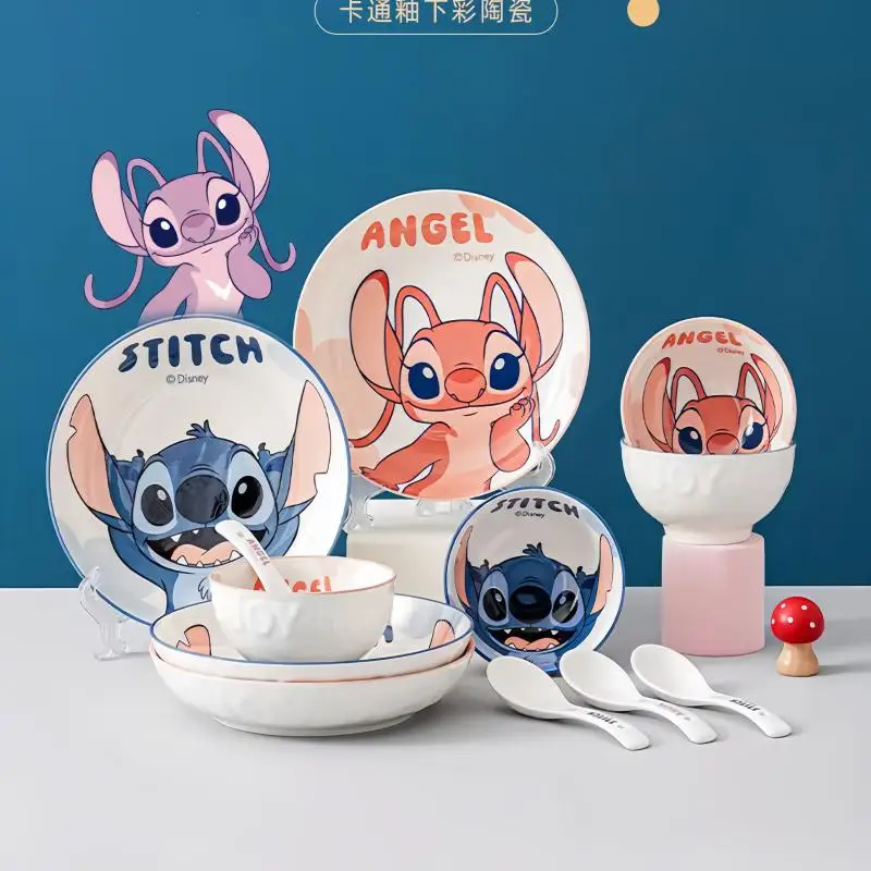

Набор керамической посуды Disney Stitch Angel - милые мультяшные тарелки, миски, ложки для ежедневного использования дома, креативный подарок на Новый год в подарочной коробке